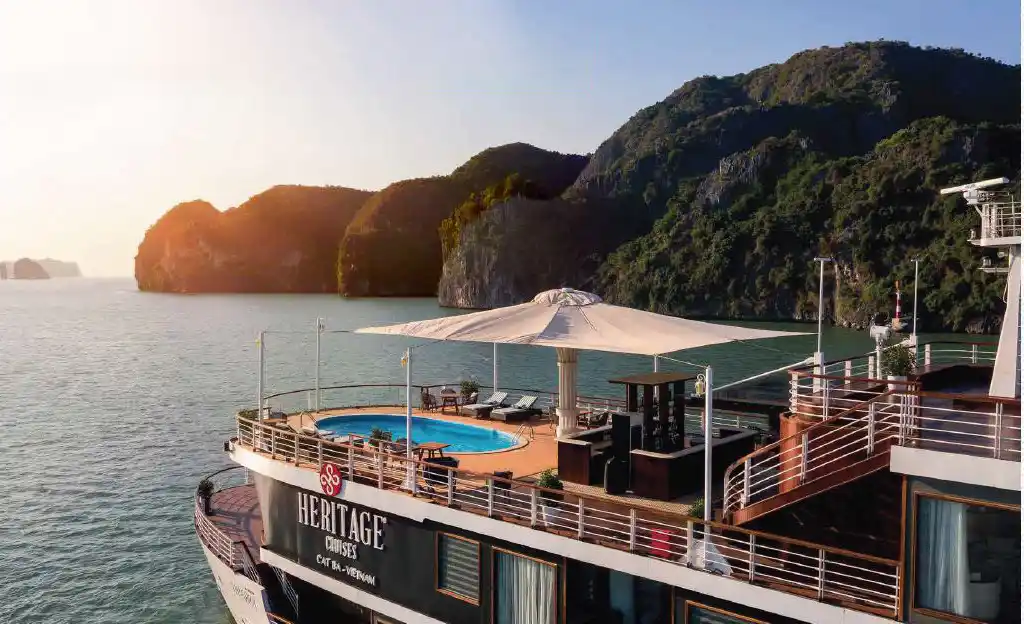 Aerial image of Heritage Cruises boat on Halong Bay