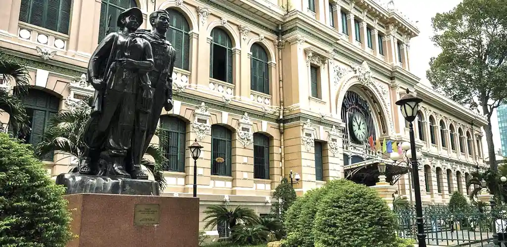 Outside facade of the Saigon Central Post Office building in Ho Chi Minh City, Vietnam