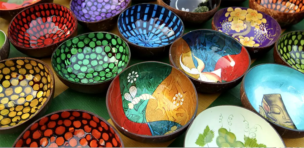 A selection of colorful Vietnamese lacquerware bowls