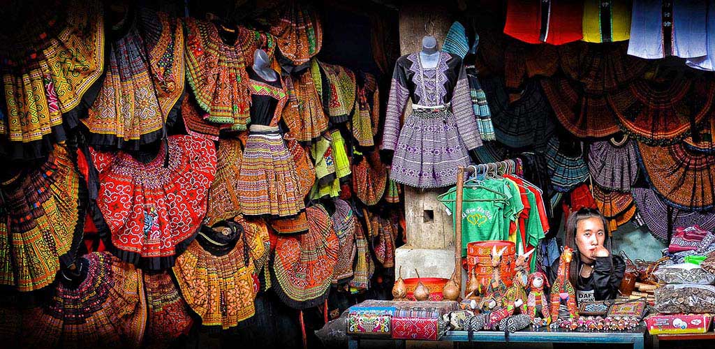 Vietnamese traditional textile vendor in Hanoi.