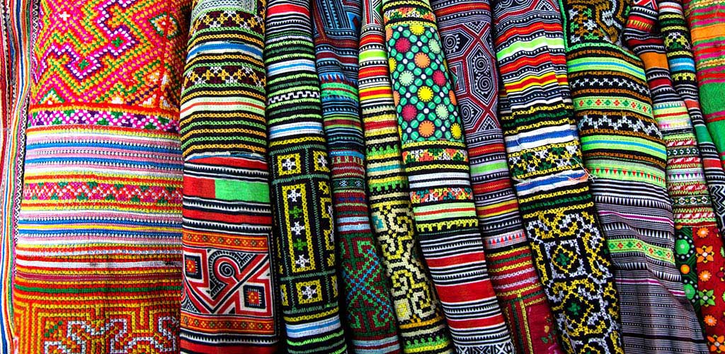 A selection of colorful Vietnamese hill tribe textiles