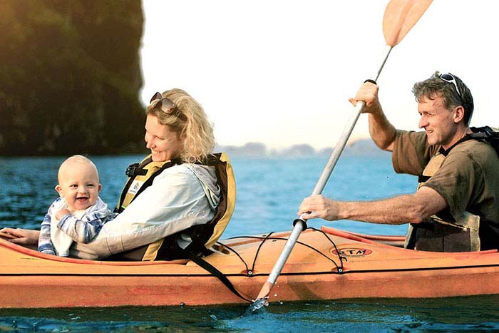 Family kayaking trip on Halong Bay