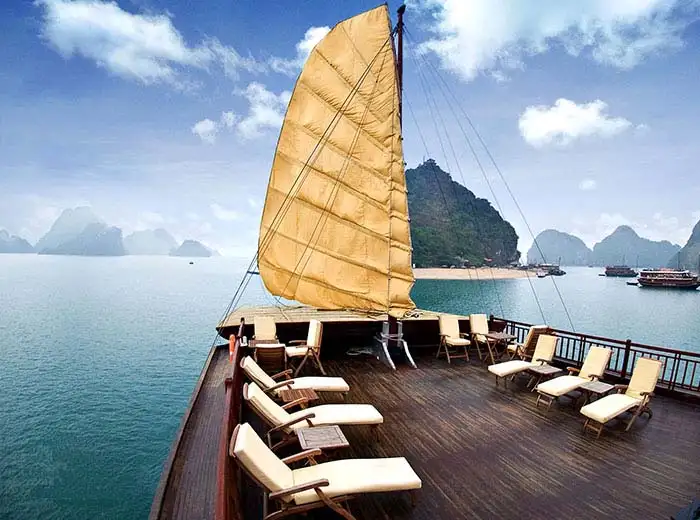 View from the deck of a luxury boat on Halong Bay.
